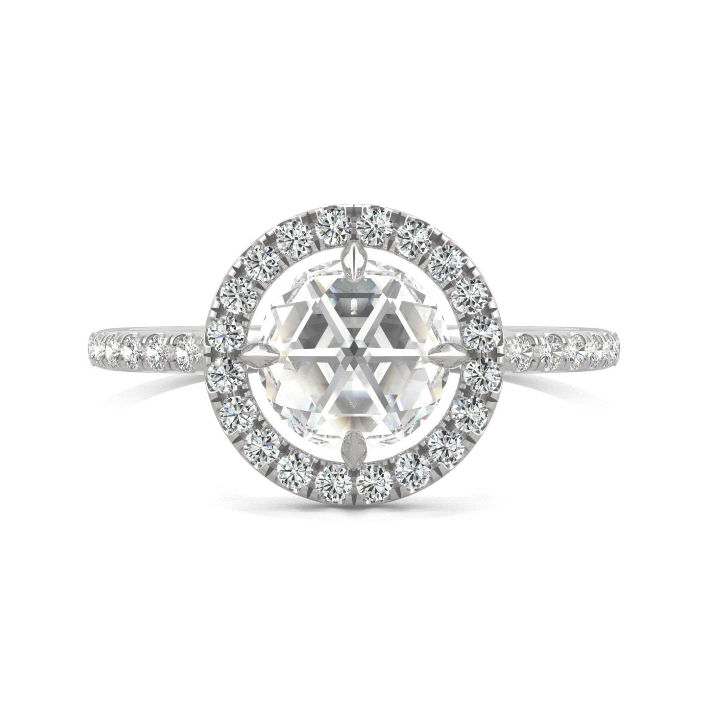 1.56 CTW DEW Round Rose-Cut Moissanite Halo Ring in 14K White Gold