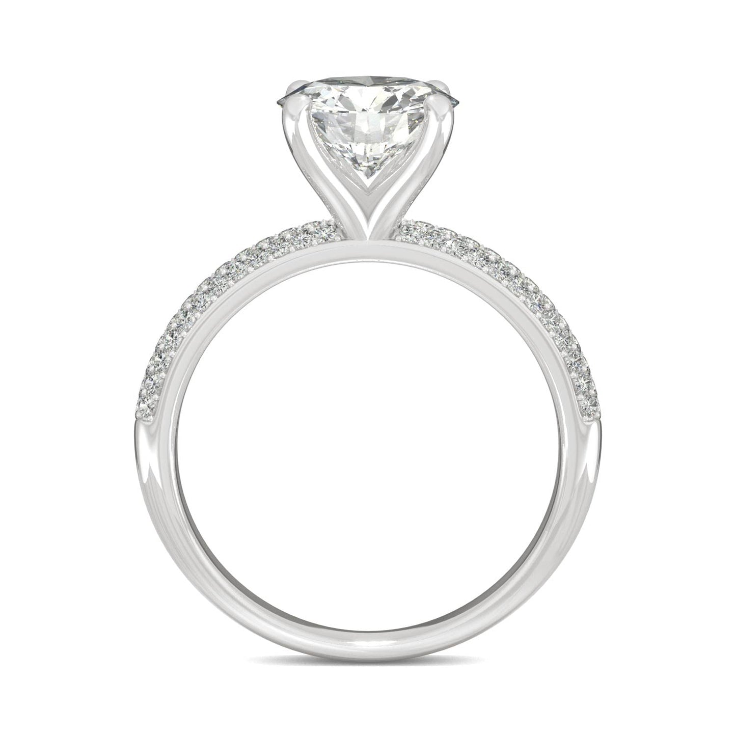 2.11 CTW DEW Round Moissanite Pave Side-Stone Engagement Ring in 14K White Gold