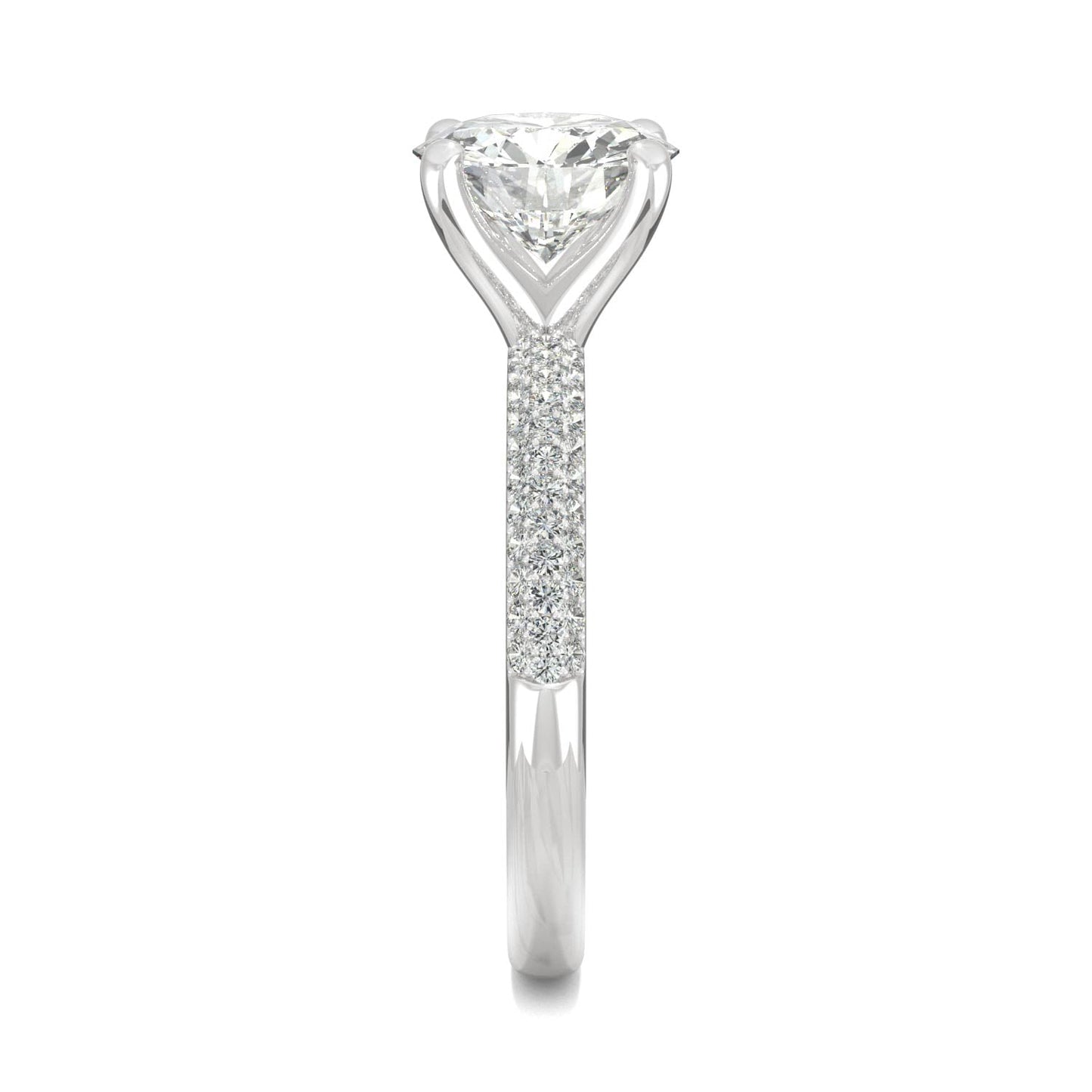 2.11 CTW DEW Round Moissanite Pave Side-Stone Engagement Ring in 14K White Gold