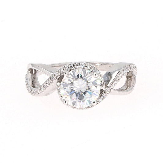 1.75 CTW DEW Round Moissanite Twist Solitaire With Accents Engagement Ring in 14K White Gold