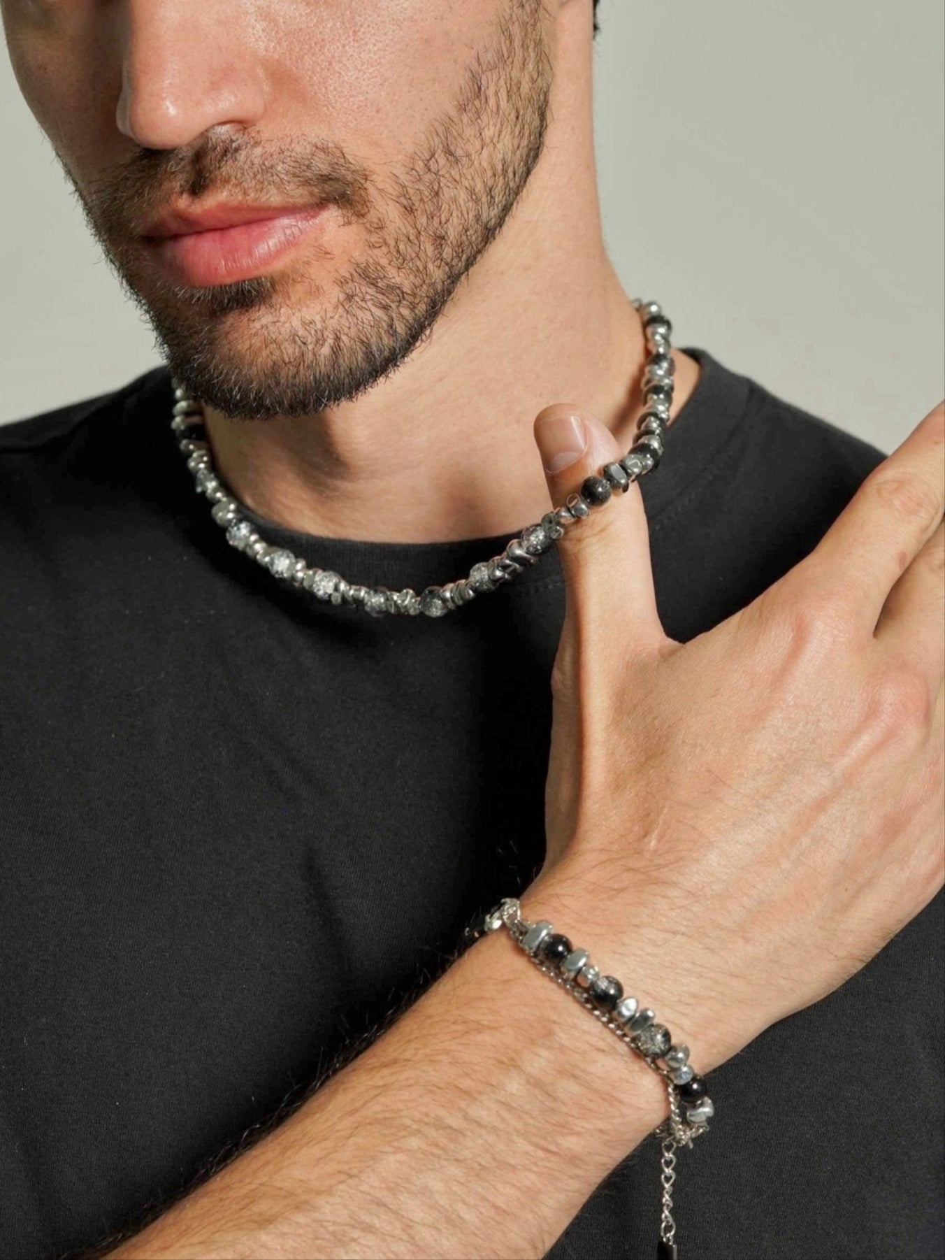 Hematite Beaded Necklace Men