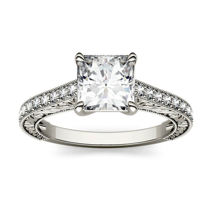 1.94 CTW DEW Square Moissanite Side-Stone Trellis Engagement Ring in 14K White Gold
