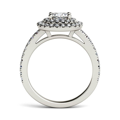 1.77 CTW DEW Cushion Moissanite Halo Side-Stone Engagement Ring in 14K White Gold