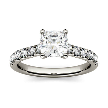 1.46 CTW DEW Cushion Moissanite Engagement Ring in 14K White Gold