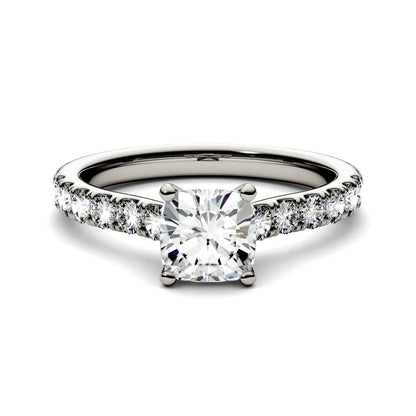 1.46 CTW DEW Cushion Moissanite Engagement Ring in 14K White Gold