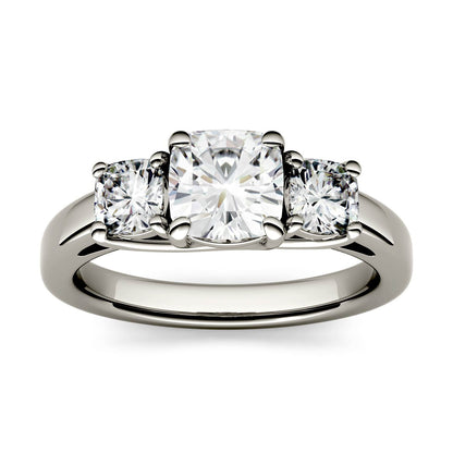 1.76 CTW DEW Cushion Moissanite Three-Stone Ring in 14K White Gold