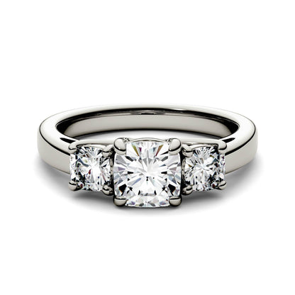 1.76 CTW DEW Cushion Moissanite Three-Stone Ring in 14K White Gold