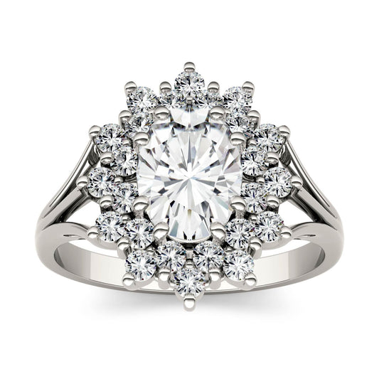 1.98 CTW DEW Oval Moissanite Floral Halo Ring in 14K White Gold