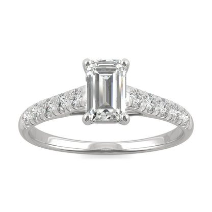 1.24 CTW DEW Emerald Moissanite Side-Stone Engagement Ring in 14K White Gold