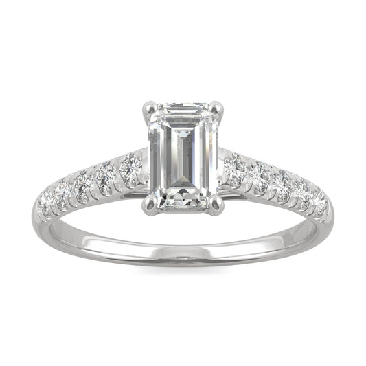 1.24 CTW DEW Emerald Moissanite Side-Stone Engagement Ring in 14K White Gold