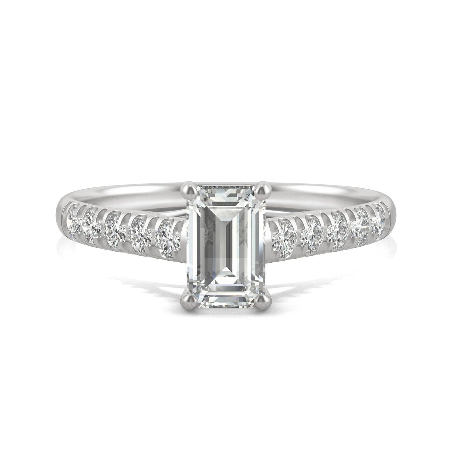 1.24 CTW DEW Emerald Moissanite Side-Stone Engagement Ring in 14K White Gold
