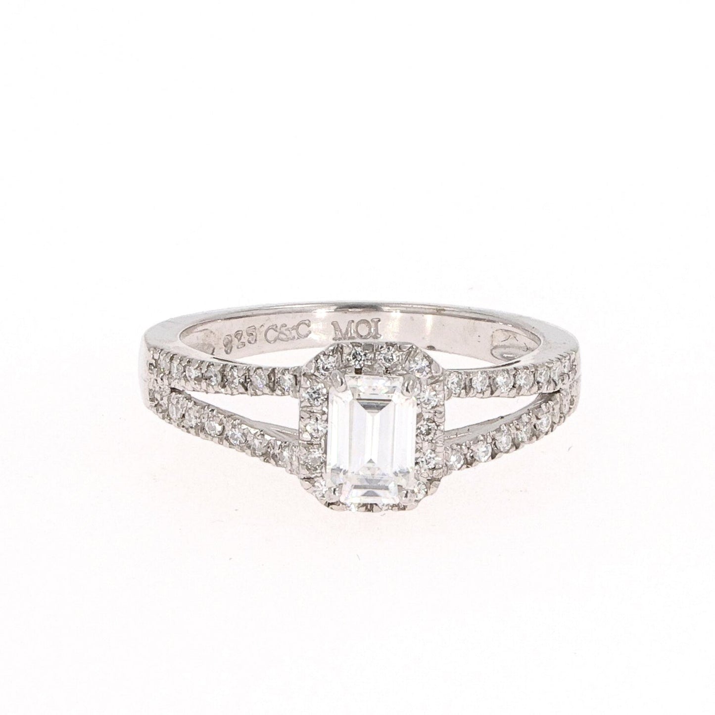 1.11 CTW DEW Emerald Moissanite Split-Shank Halo Engagement Ring in Sterling Silver