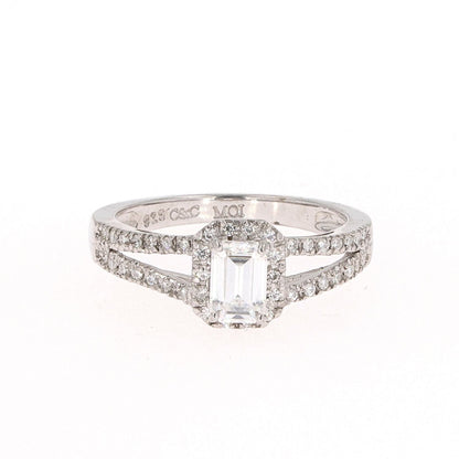 1.11 CTW DEW Emerald Moissanite Split-Shank Halo Engagement Ring in Sterling Silver