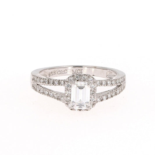 1.11 CTW DEW Emerald Moissanite Split-Shank Halo Engagement Ring in Sterling Silver