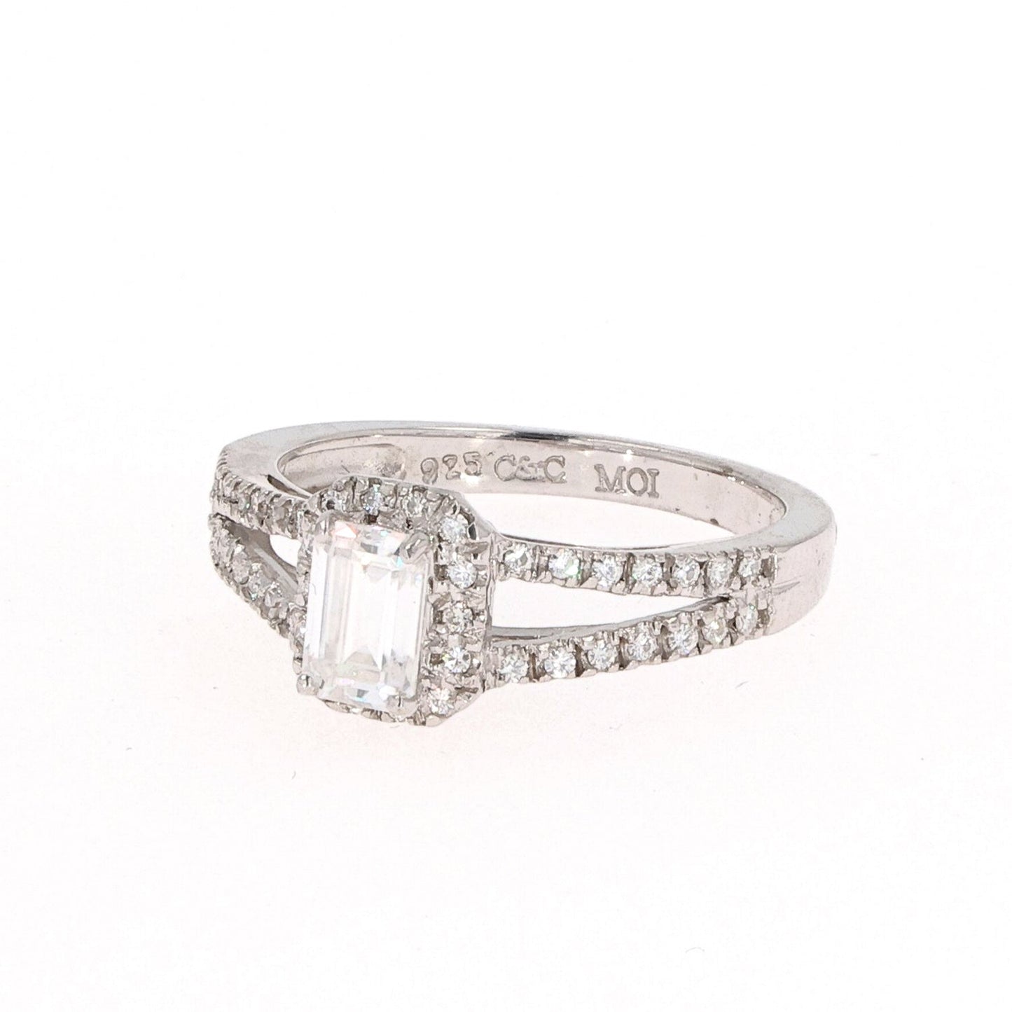 1.11 CTW DEW Emerald Moissanite Split-Shank Halo Engagement Ring in Sterling Silver