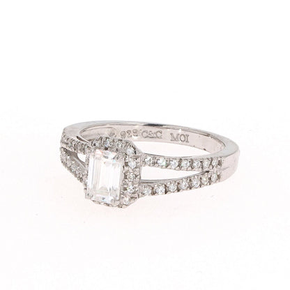 1.11 CTW DEW Emerald Moissanite Split-Shank Halo Engagement Ring in Sterling Silver