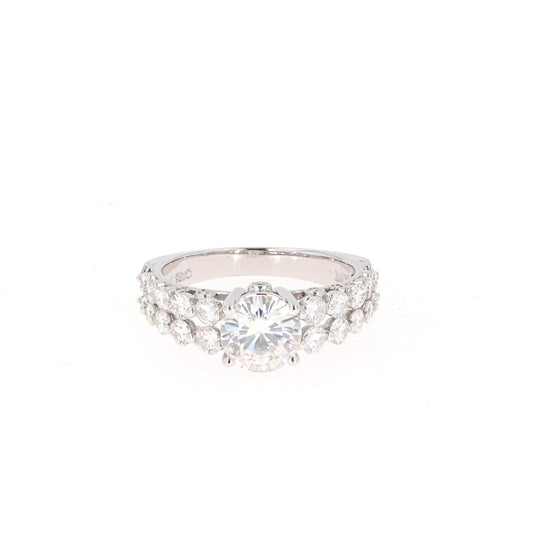 2.15 CTW DEW Round Near-Colorless Moissanite Two-Row Solitaire with Accents Ring in 14K White Gold