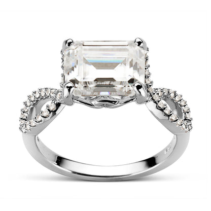 3.80 CTW DEW Emerald Moissanite East-West Twist Side-Stone Engagement Ring in 14K White Gold