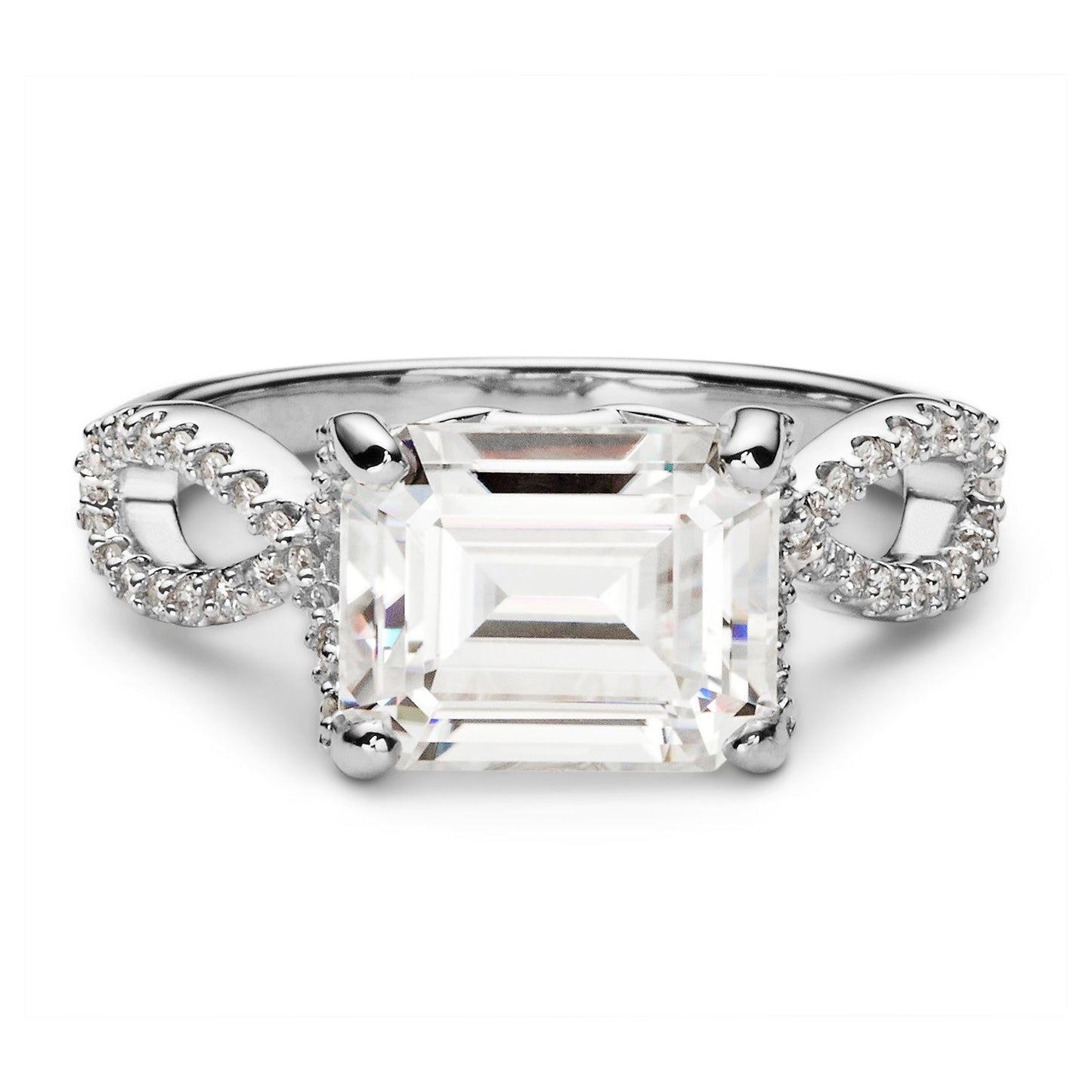 3.80 CTW DEW Emerald Moissanite East-West Twist Side-Stone Engagement Ring in 14K White Gold