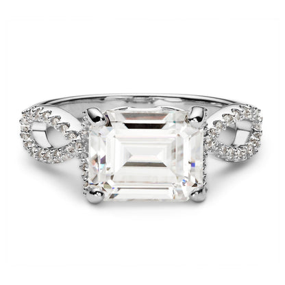 3.80 CTW DEW Emerald Moissanite East-West Twist Side-Stone Engagement Ring in 14K White Gold