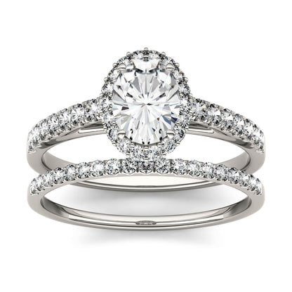 1.28 CTW DEW Oval Moissanite Side-Stone Halo Bridal Set in 14K White Gold