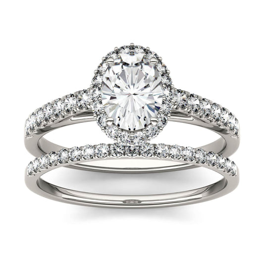 1.28 CTW DEW Oval Moissanite Side-Stone Halo Bridal Set in 14K White Gold