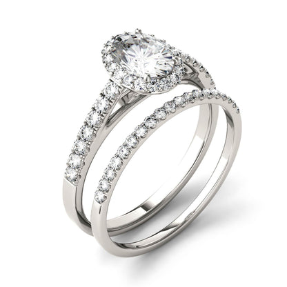 1.28 CTW DEW Oval Moissanite Side-Stone Halo Bridal Set in 14K White Gold