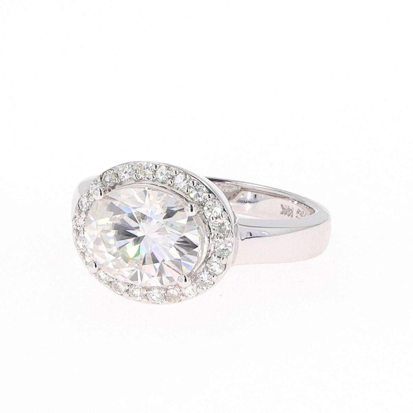 3.33 CTW DEW Oval Moissanite East-West Halo Engagement Ring in 14K White Gold