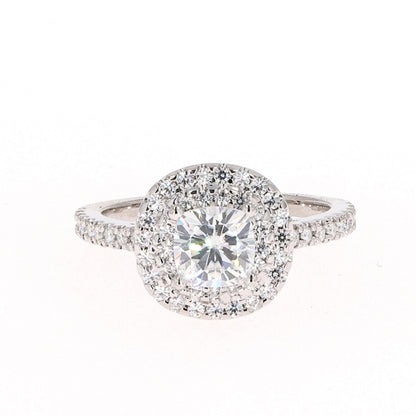 1.77 CTW DEW Cushion Moissanite Double Halo Engagement Ring in 14K White Gold
