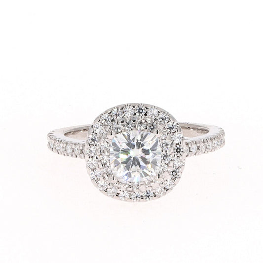 1.77 CTW DEW Cushion Moissanite Double Halo Engagement Ring in 14K White Gold