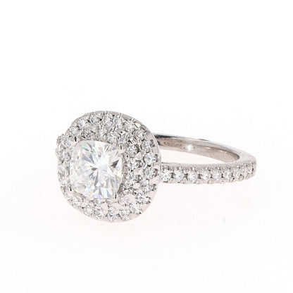 1.77 CTW DEW Cushion Moissanite Double Halo Engagement Ring in 14K White Gold