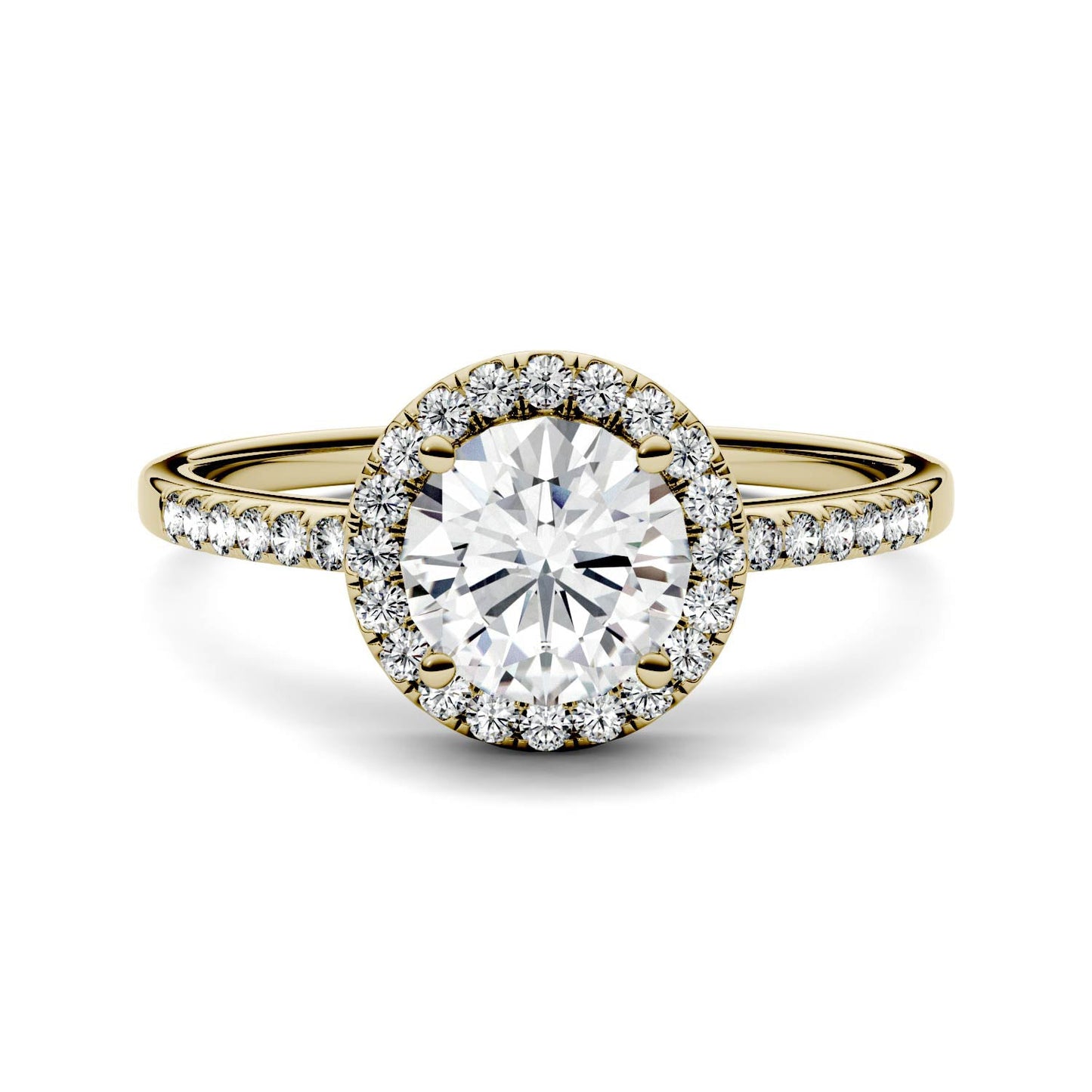 1.30 CTW DEW Round Moissanite Halo Ring in 14K Yellow Gold