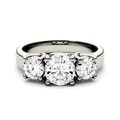 2.00 CTW DEW Round Moissanite Three-Stone Ring in 14K White Gold