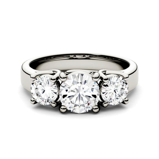 2.00 CTW DEW Round Moissanite Three-Stone Ring in 14K White Gold