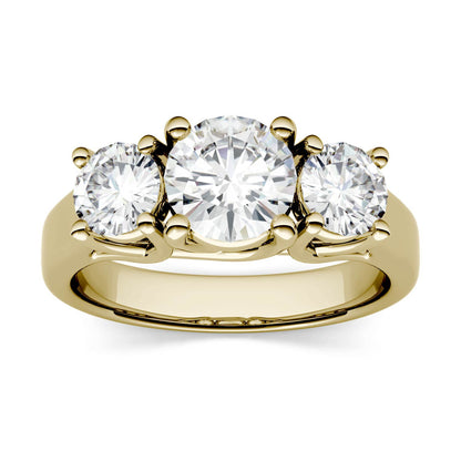 2.00 CTW DEW Round Moissanite Three-Stone Ring in 14K Yellow Gold