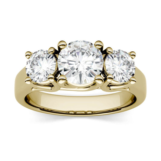 2.00 CTW DEW Round Moissanite Three-Stone Ring in 14K Yellow Gold