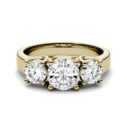 2.00 CTW DEW Round Moissanite Three-Stone Ring in 14K Yellow Gold