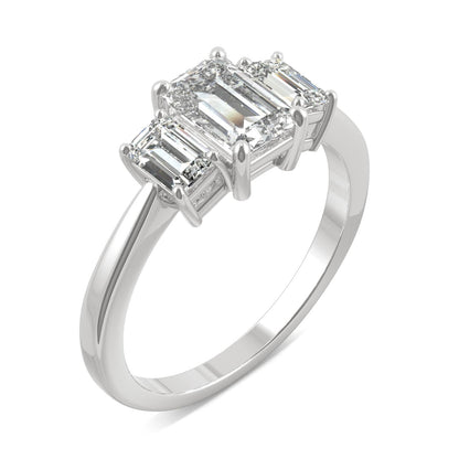 1.55 CTW DEW Emerald Moissanite Three-Stone Ring in 14K White Gold