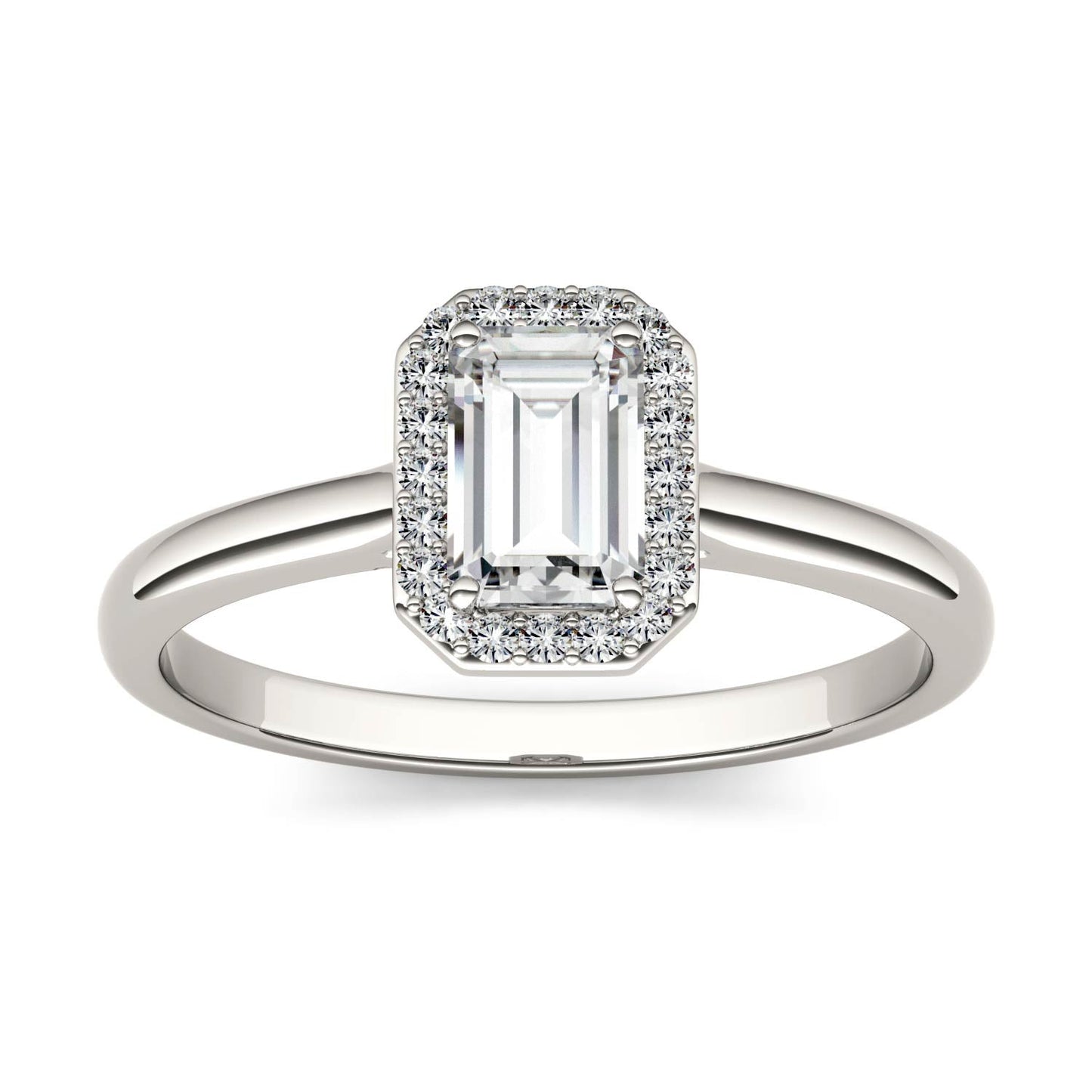 0.68 CTW DEW Emerald Moissanite Halo Ring in 14K White Gold