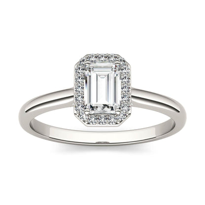 0.68 CTW DEW Emerald Moissanite Halo Ring in 14K White Gold