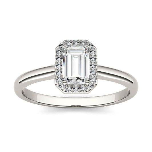 0.68 CTW DEW Emerald Moissanite Halo Ring in 14K White Gold