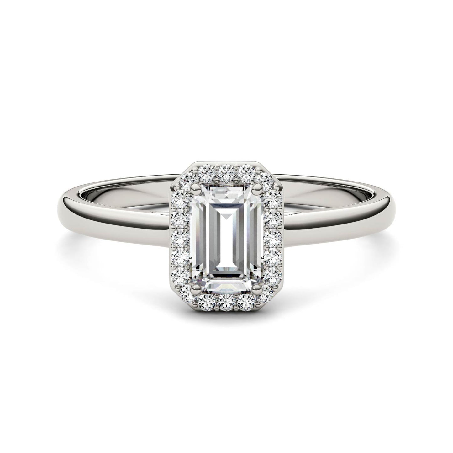 0.68 CTW DEW Emerald Moissanite Halo Ring in 14K White Gold
