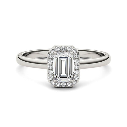 0.68 CTW DEW Emerald Moissanite Halo Ring in 14K White Gold