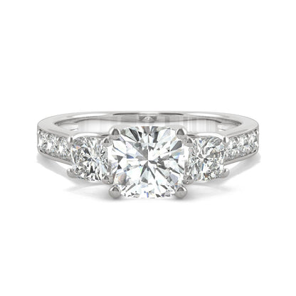 2.14 CTW DEW Cushion Moissanite Three-Stone Ring in 14K White Gold