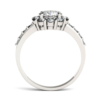 1.78 CTW DEW Round Moissanite Flower Halo Engagement Ring in 14K White Gold
