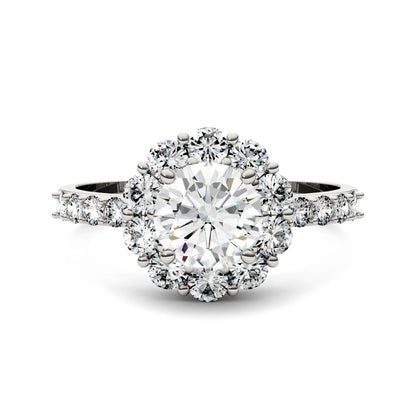 1.78 CTW DEW Round Moissanite Flower Halo Engagement Ring in 14K White Gold
