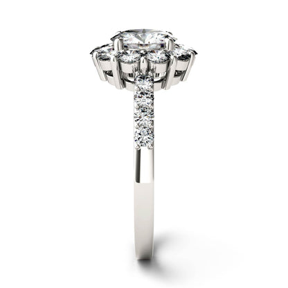 1.78 CTW DEW Round Moissanite Flower Halo Engagement Ring in 14K White Gold