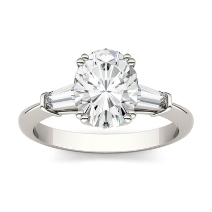 2.47 CTW DEW Oval Moissanite Three-Stone Engagement Ring in 14K White Gold