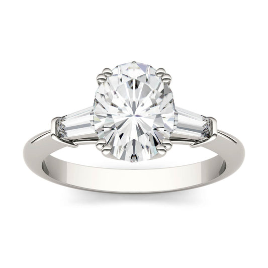 2.47 CTW DEW Oval Moissanite Three-Stone Engagement Ring in 14K White Gold