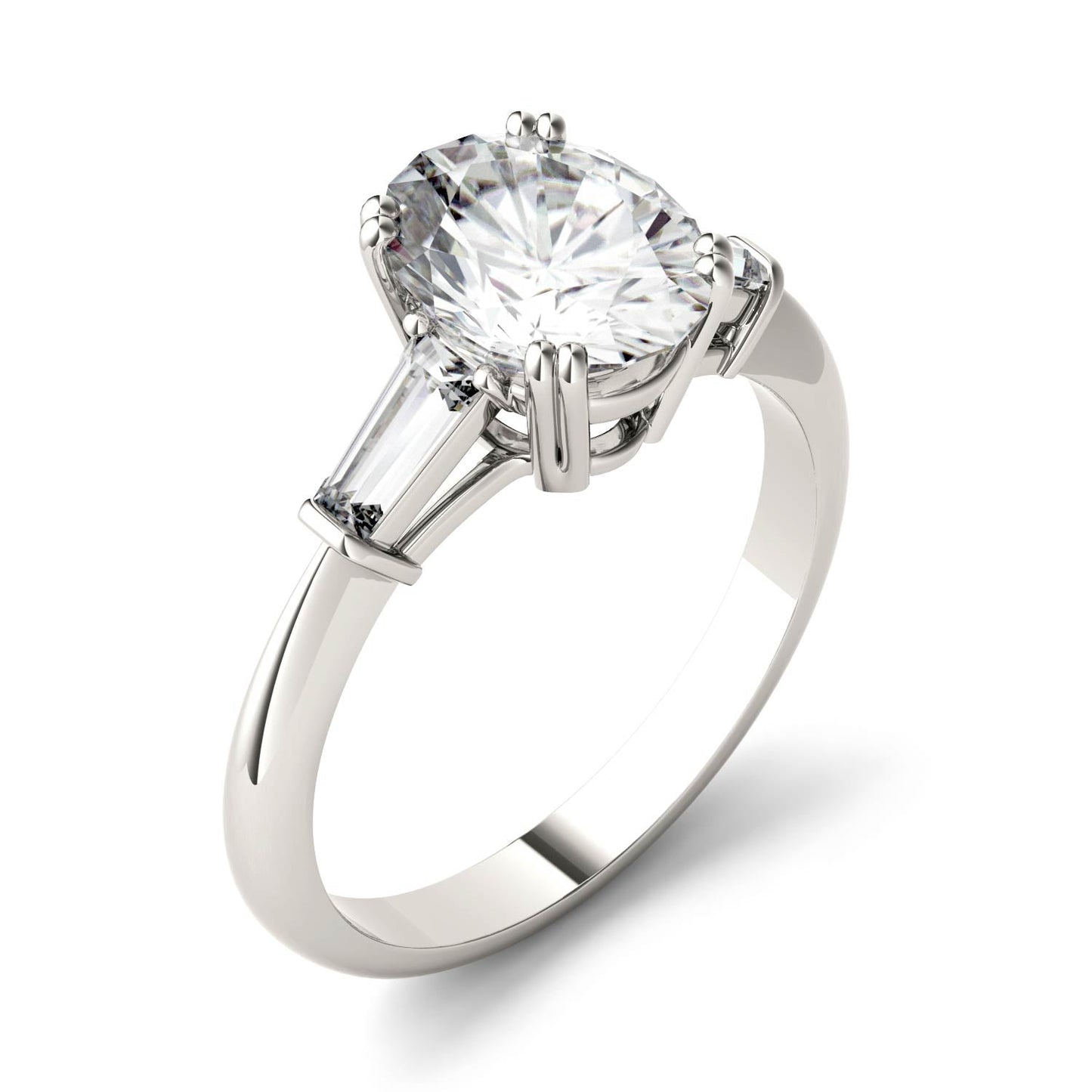 2.47 CTW DEW Oval Moissanite Three-Stone Engagement Ring in 14K White Gold